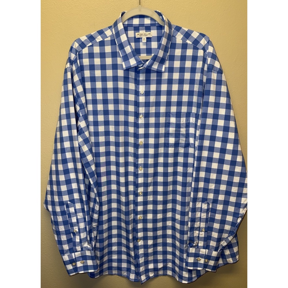 Peter Millar Summer Comfort Button Down Shirt Mens XXL Blue Check Plaid Long Slv